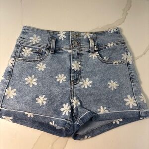High-Waist Daisy Print Denim Shorts